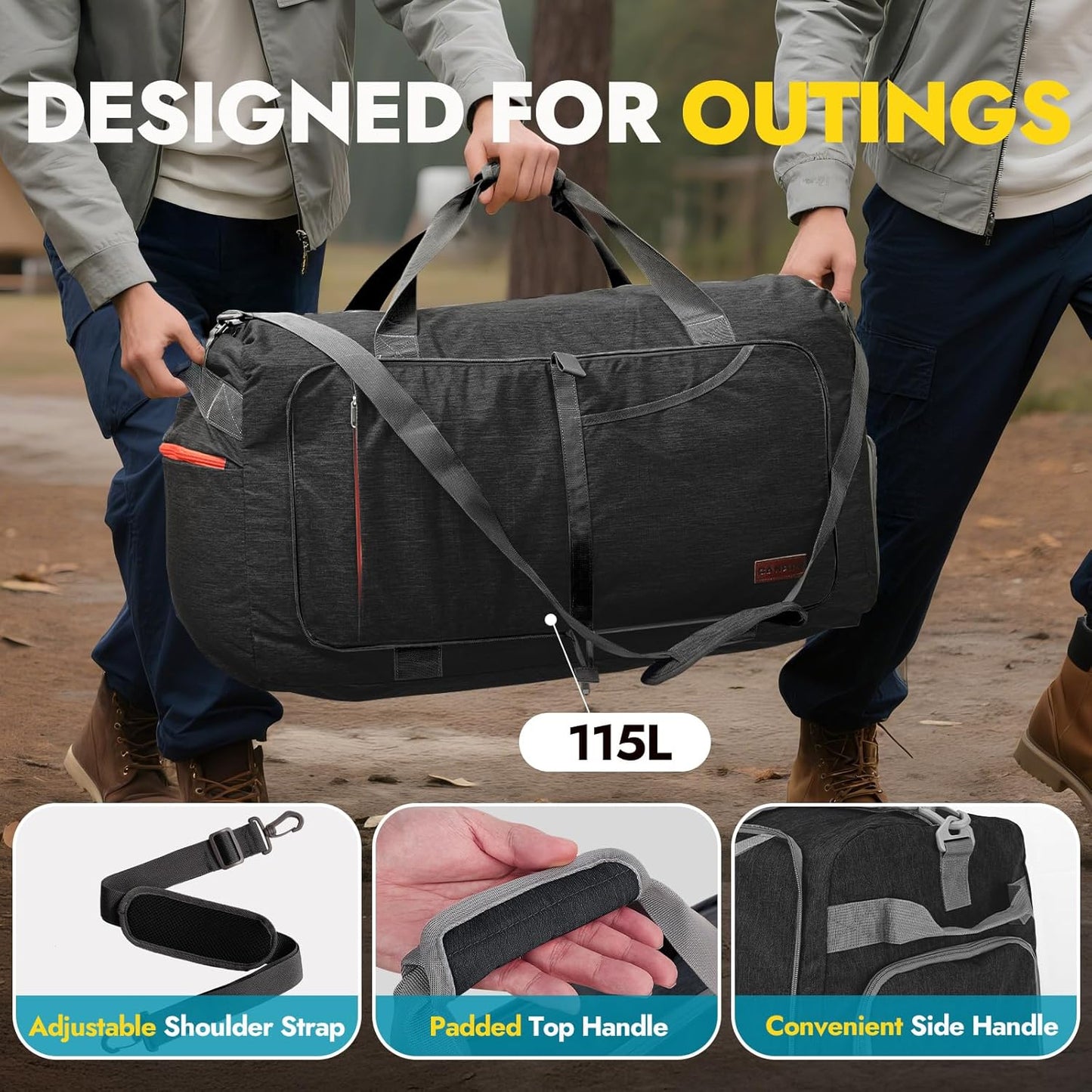 Canway 65L Travel Duffel Bag, Foldable Weekender Bag with Shoes Compartment for Men Women Water-proof & Tear Resistant (Panther Black, 65L)