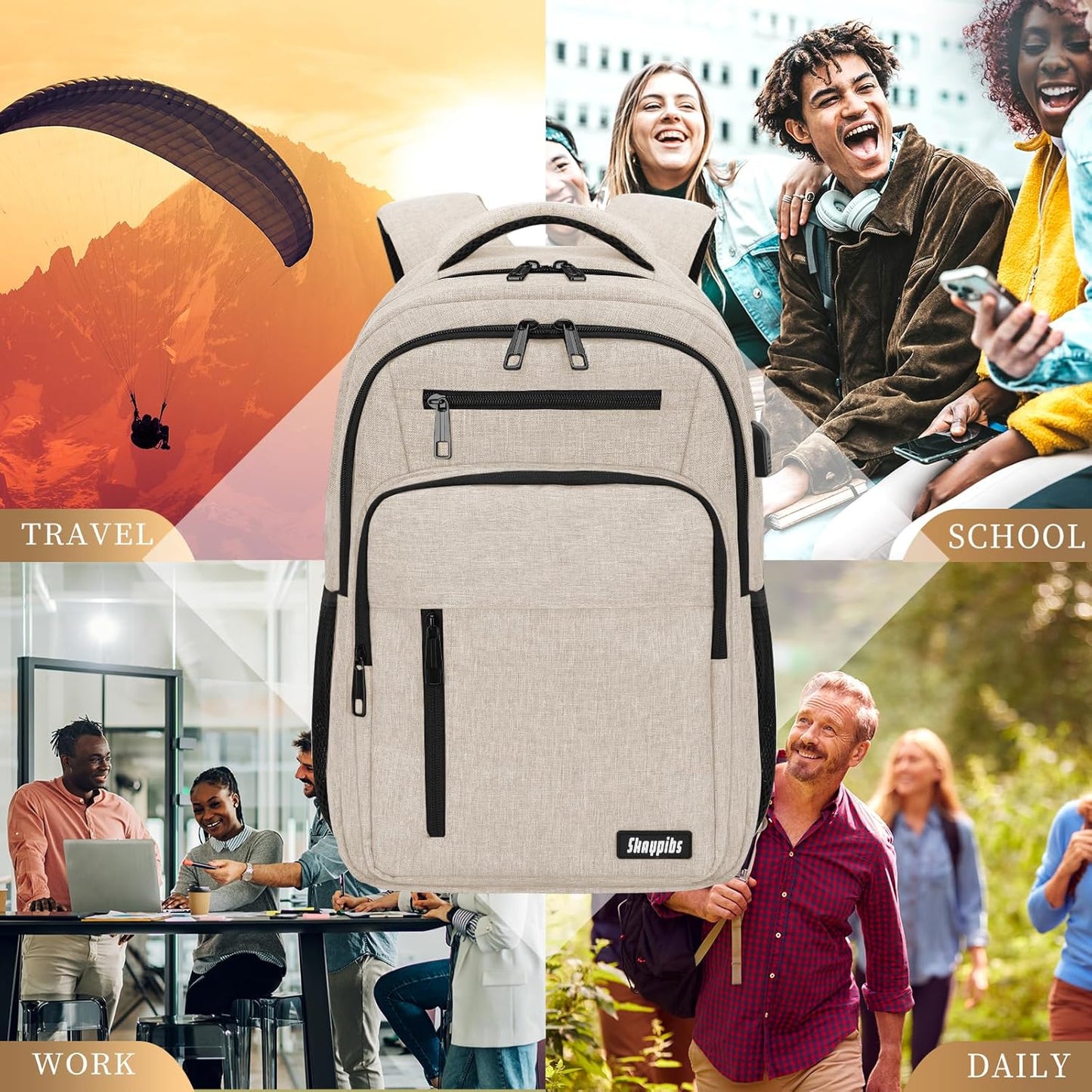 Beige Backpack for Men Women, School Backpack for Boys Girls Teens, 15.6 Inch Laptop Backpacks with USB Port, Water Resistent Book bag, Work College Bookbag, back pack, Mochila para hombre