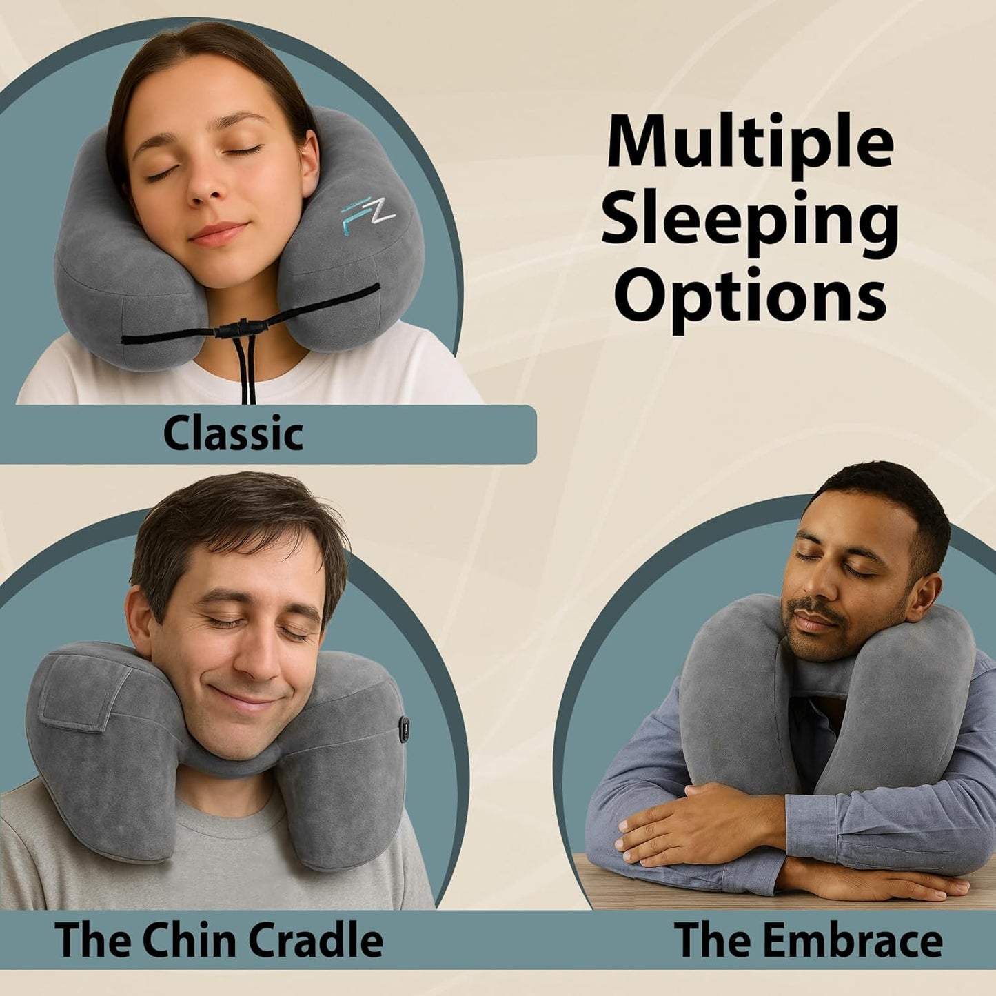 Air Inflatable Neck Pillow for Traveling on Plane - H-Shape Hooded Travel Pillow with 5 Snooze Modes, Fast Inflation, Pressure Control, Cozy Clip-On Hood & Plushy Cover - Size L, Silver Gray