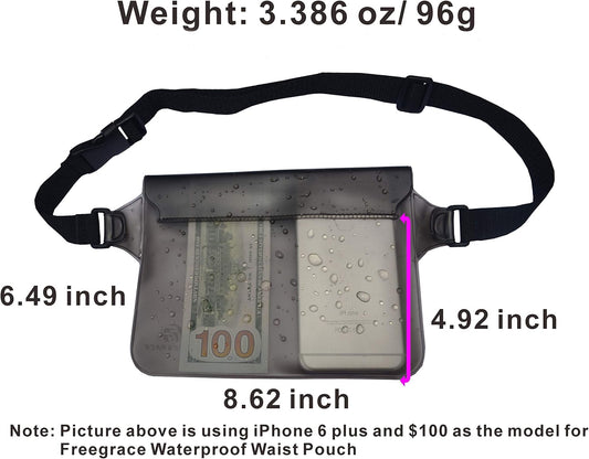 Freegrace Waterproof Pouches with Waist Strap / Pouch Case Bundle Set- Keep Your Phone & Valuables Dry and Safe - Waterproof Dry Bags for Boating Swimming Snorkeling Kayaking Beach Water Parks Pool