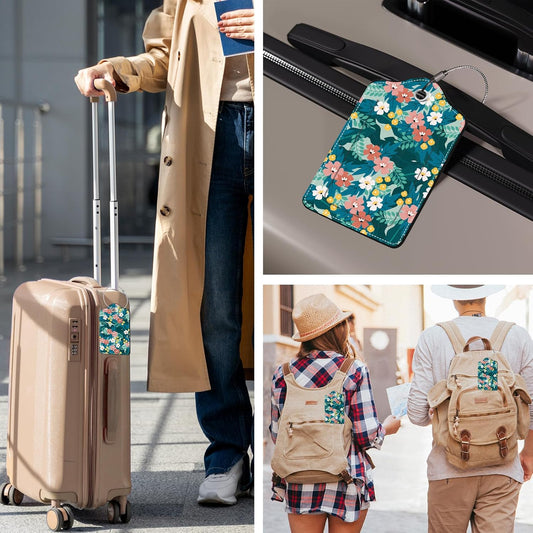 2 Pcs Floral Luggage Tag for Suitcases, Green Luggage Tags PU Leather Luggage Tag Name ID Labels with Privacy Cover Suitcases Women Fun Laggage Tags