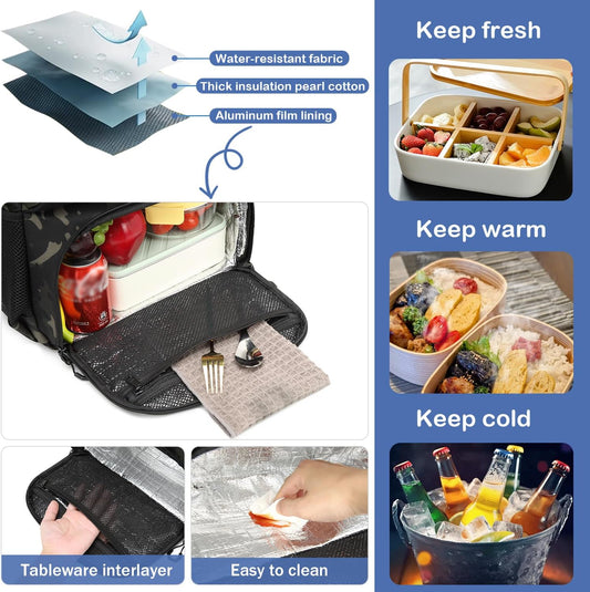 Laptop Lunch Backpack for Men - 40L Large Capacity Work Backpack with Lunch Compartment and USB Post, RFID Insulated Cooler Backpack for Work, Travel, Picnic, Dark Camo