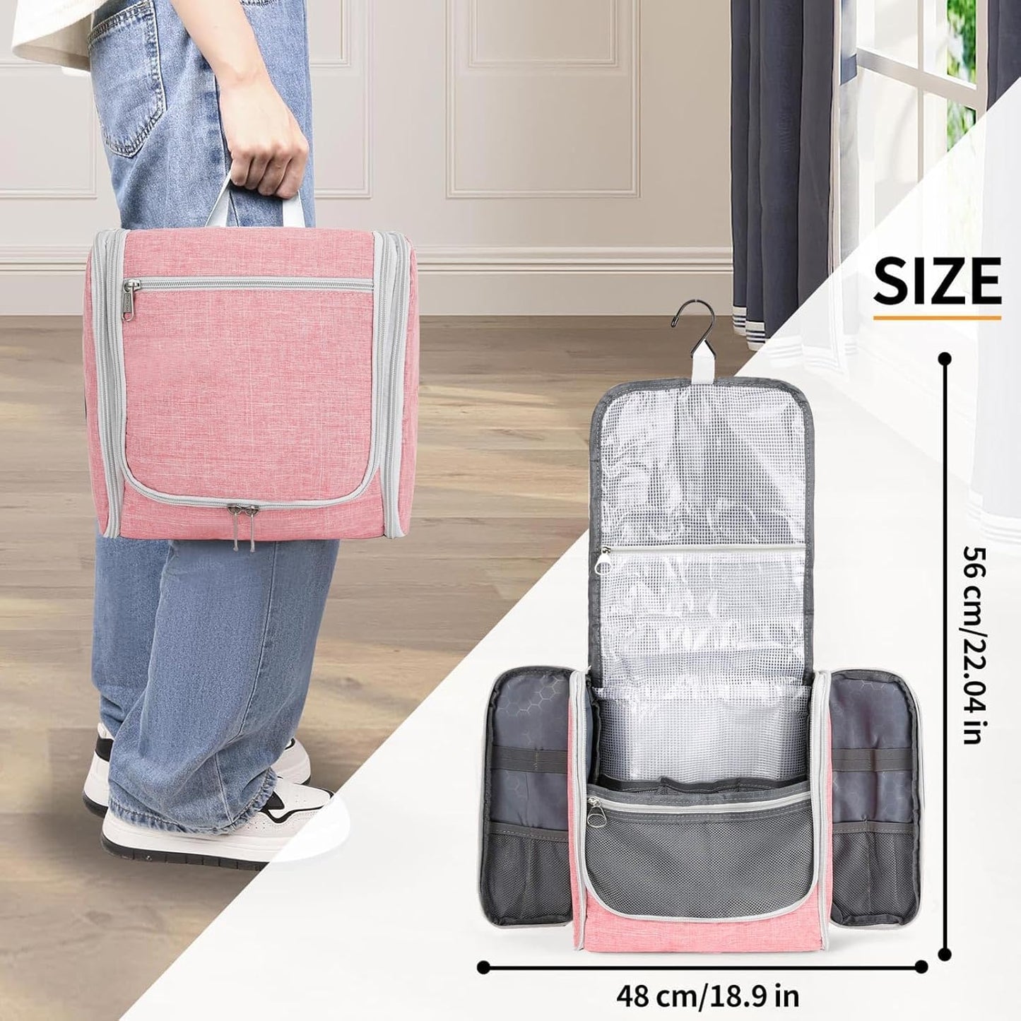 Della Gao Big Capacity Portable Travel Hanging Toiletry Bag Men and Women, Cosmetics Makeup Bag Toiletries Organizer, Water-Resistant Nylon Bathroom Bag, Pink