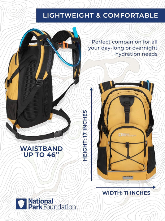 National Park Foundation 18L Hydration Backpack with 2 Liter Hydro Water Bladder Bag, Lightweight Daypack for Cycling, Hiking, Running, Climbing, for Men Women Kids