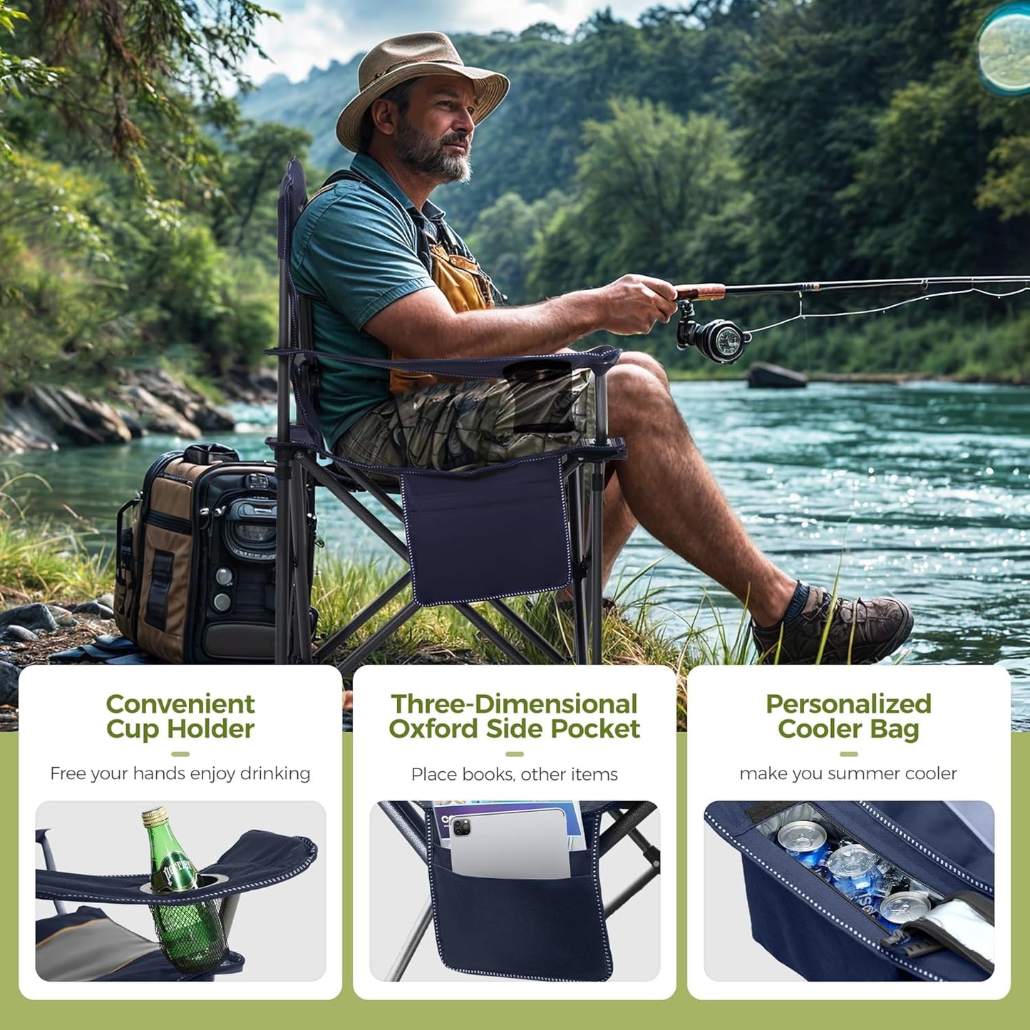 ALPHA CAMP Oversized Camping Chair Heavy Duty Lawn Chair with Cooler Bag Support 450 LBS Steel Frame Collapsible Padded Arm Quad Lumbar Back Folding Chair for Lawn Outdoor