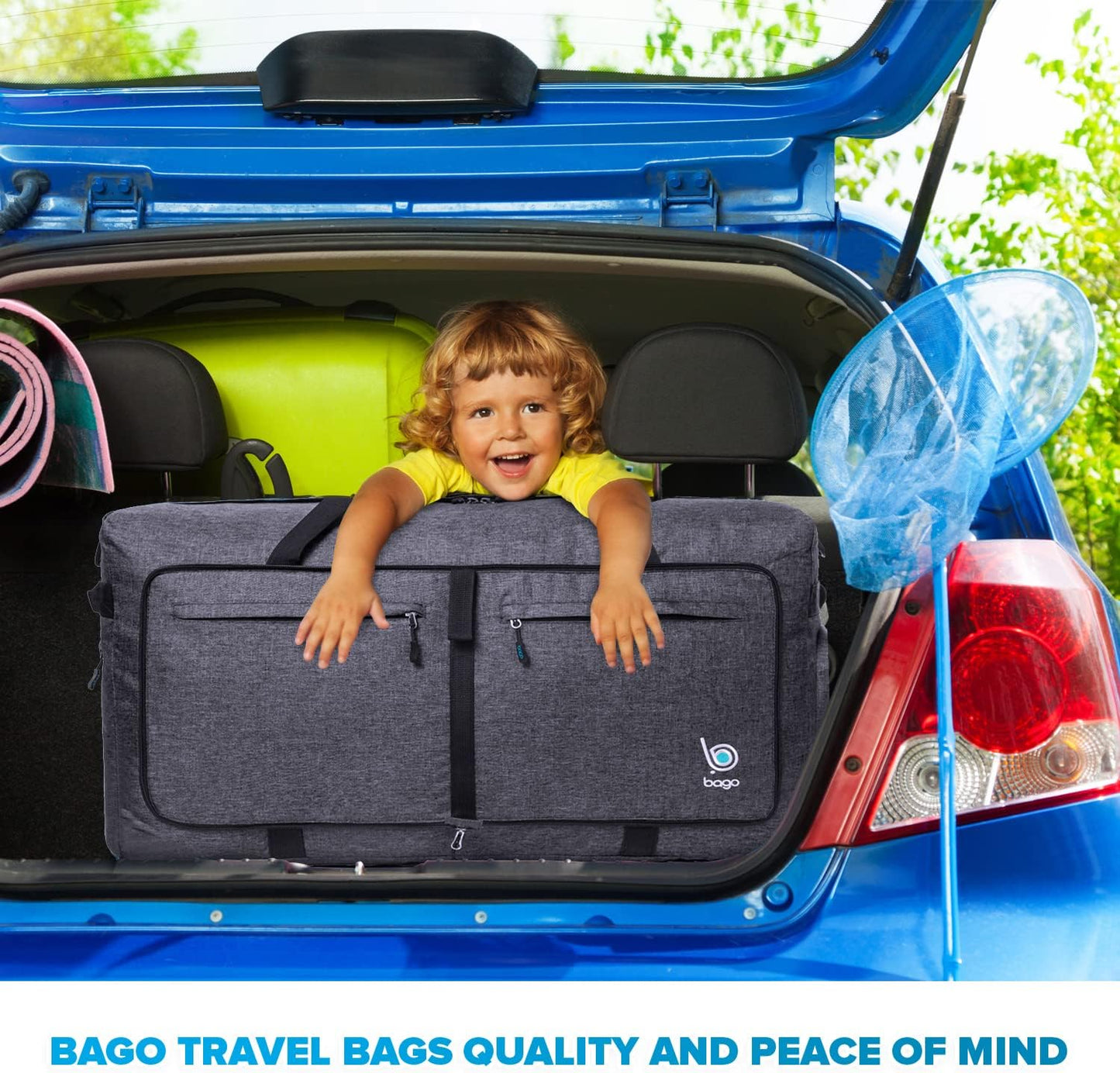 Bago Large Foldable Duffel Bags for Traveling Women & Men - 100L Packable Duffle Bag for Travel with Shoe Compartment - Water Repellant, Heavy Duty, Lightweight Folding & Collapsible (SnowBlack)