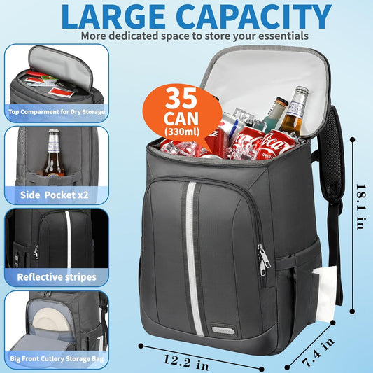 Backpack Cooler Insulated Leak Proof 35 Cans, 2 Insulated Compartments Thermal Bag, Portable Lightweight Beach Travel Camping Lunch Backpack for Men and Women, 30L, Reflective Stripes, Water-Resistant