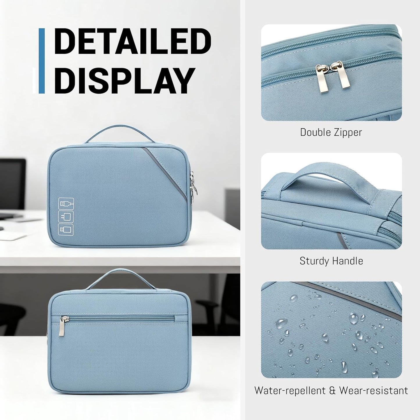 Lanola Electronic Accessories Case,Electronics Travel Organizer, Portable Double Layer Cable Storage Bag for Cord, Charger, Flash Drive, Phone, SD Card,Flash Drive,Adapter - Light Blue