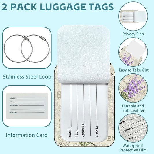 Purple Lavender Luggage Tag for Suitcase Set of 2 PU Leather Cute Luggage Tags with Stainless Metal Loop ID Label Privacy Flap Suitcase Tags for Women and Men Travel