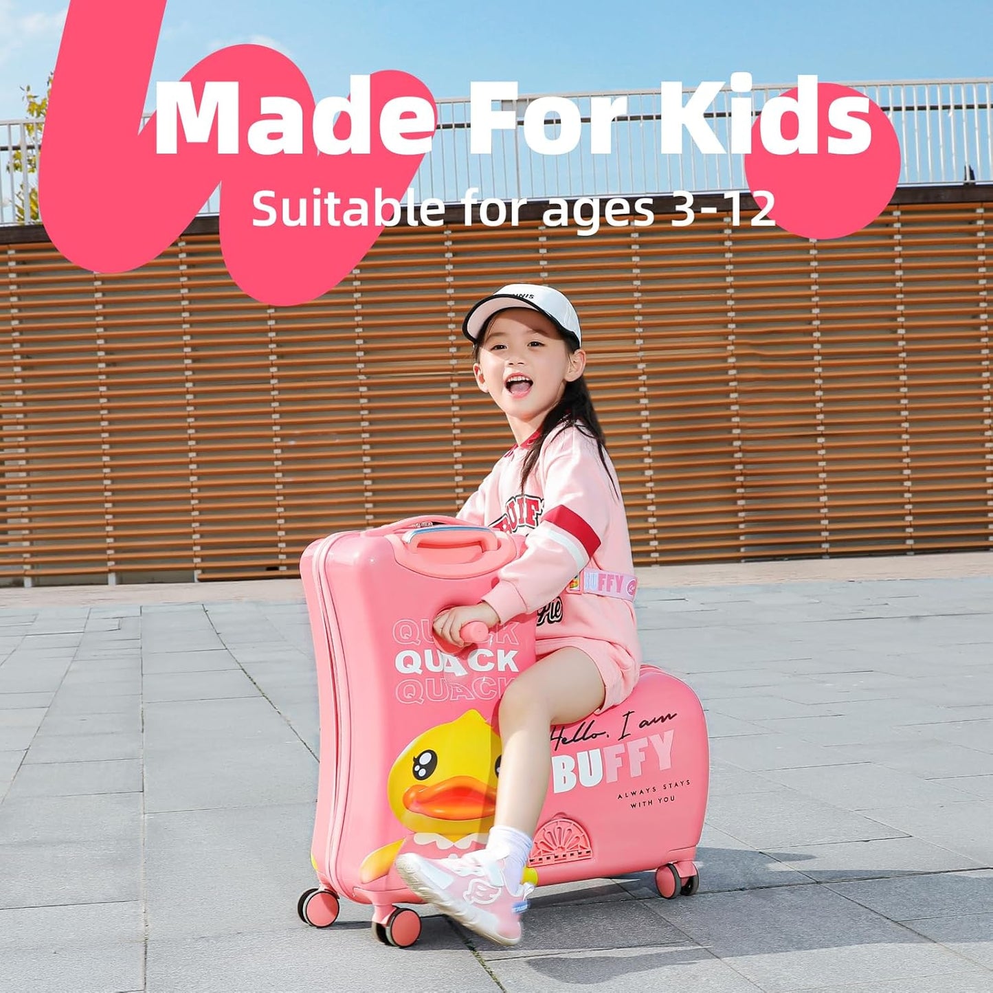 Kids' Lightweight Ride on Luggage with Spinner Wheels & Foldabe Design (Pink Duck, 24"+ Aged 3-12 Toddler)