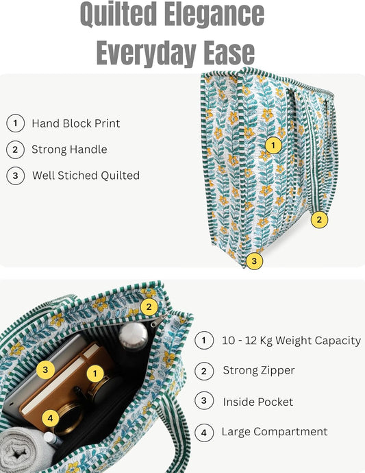 Cotton Quilted Tote Bag for Women – Large Beach & Travel Tote with Zipper, Reusable Grocery Bag