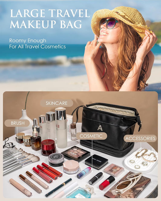 Personalized Graduation Gifts, Initial Large Makeup Bag, Personalized Double Layer Cosmetic Bag with Makeup Brush Organizer, Waterproof, Large Capacity PU Leather Toiletry Bag, Friend gifts
