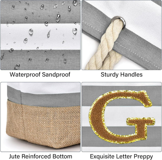 Becokan Beach Bag Initial Beach Tote with Makeup Bag for Travel Work Storage Personalized Birthday Gifts for Women Her