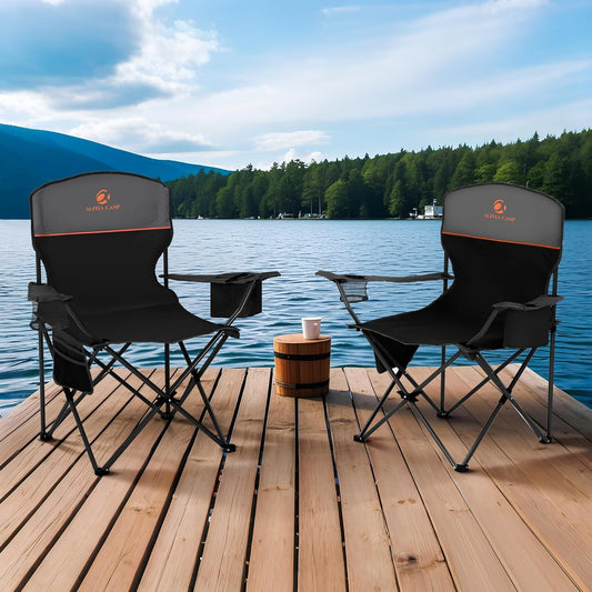 ALPHA CAMP Camping Chair 2 Pack Portable Chair with 3-Can Cooler Folding Chair with Side Pocket and Cup Holder, Collapsible for Camping, Tailgates, Beach, Fishing and Sports,2PC