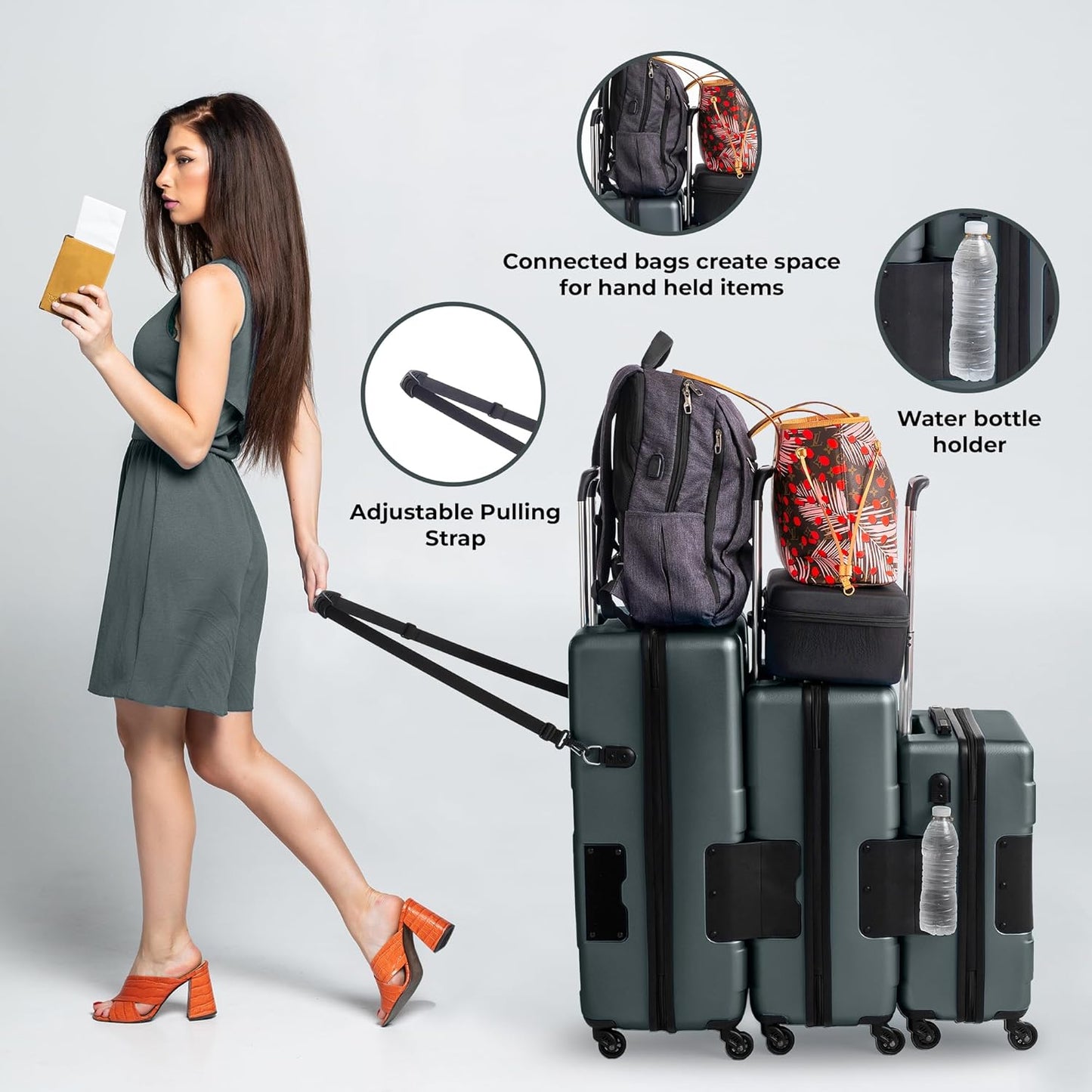 Tach V3.1 Hard Shell 3 Piece Luggage Set - 20, 24 & 28 inch Luggage | Carry On, Medium & Large Checked Suitcases | Patented Built-In Connecting System | Rolling Suitcase Links 6 Bags (Grey)