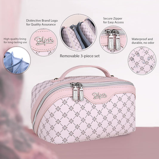 BOYATU Travel Makeup Bag Cosmetic Bags for Women: 3 Pcs Set Portable Make up Bag with Handle - Vegan Leather Toiletry Bags with Compartments - Makeup Organizer for Travel Essentials(01-Pink)