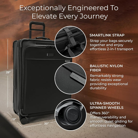 Briggs & Riley 29" Large Expandable Spinner - Checked Luggage for Travel, Suitcases with Wheels, Softside Rolling Bag for Men & Women, Self-Repairing Zipper - Baseline Collection, Black
