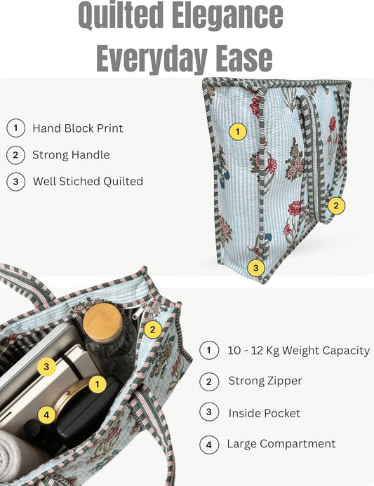 Cotton Quilted Tote Bag for Women – Large Beach & Travel Tote with Zipper, Reusable Grocery Bag