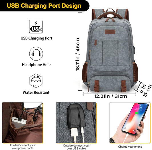 Tzowla Canvas Laptop Backpack, Bag for Men Women,Travel Work Rucksack Fits 15.6 Inch Laptop, Bookbag with USB Charging Port