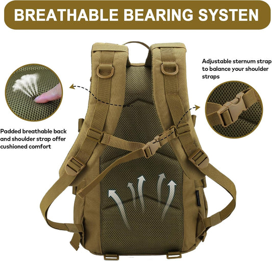 25L Hiking Backpack Small Tactical Backpack Daypack Camping Trekking Hunting Molle Pack for Men Women, Khaki