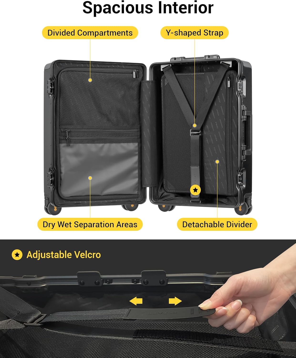 LEVEL8 Zipperless Carry On Suitcase Airline Approved with Aluminum Frame, Hard Shell Luggage with Spinner Wheels, Metal Travel Luggage with Packing Organizers, 20 Inch, Black