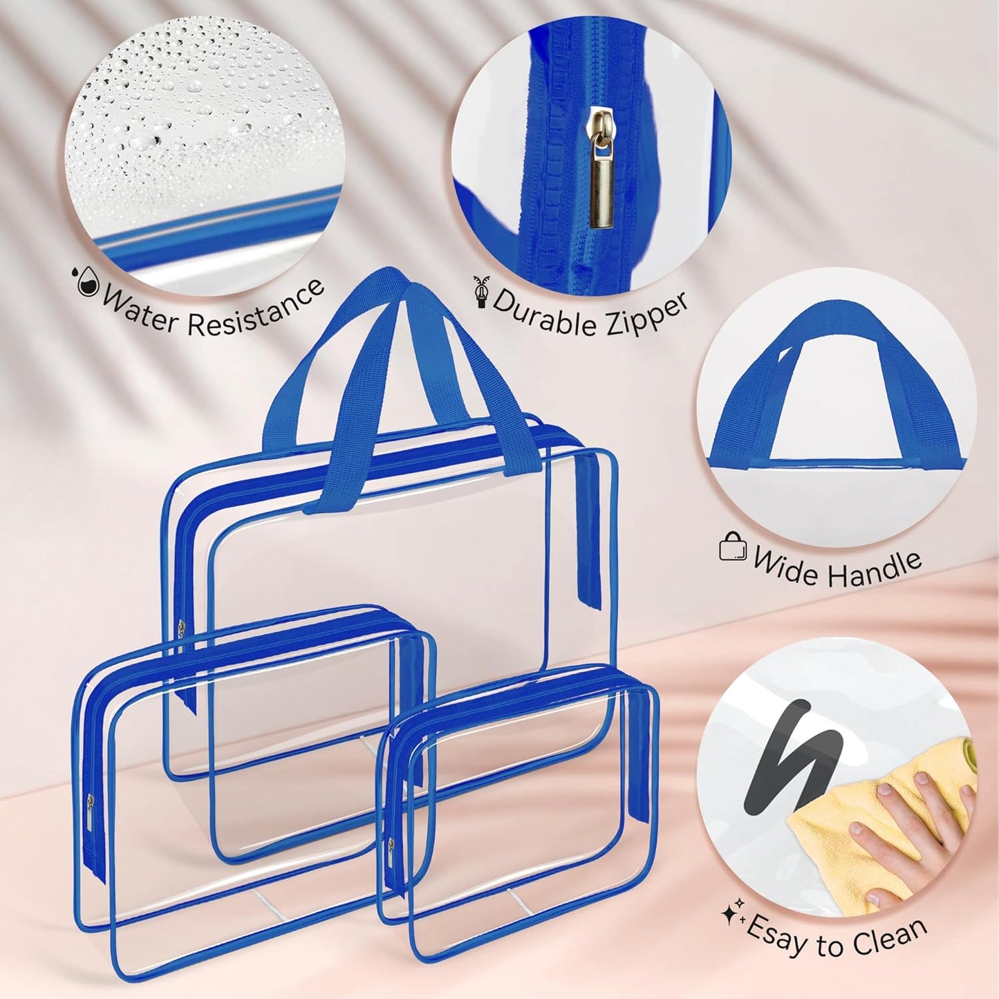 TISRATOK 10 PCS Clear Travel Makeup Toiletry Bag, Plastic PVC Cosmetic TSA Approved Organizer Kit with Zipper Handbag(Blue)