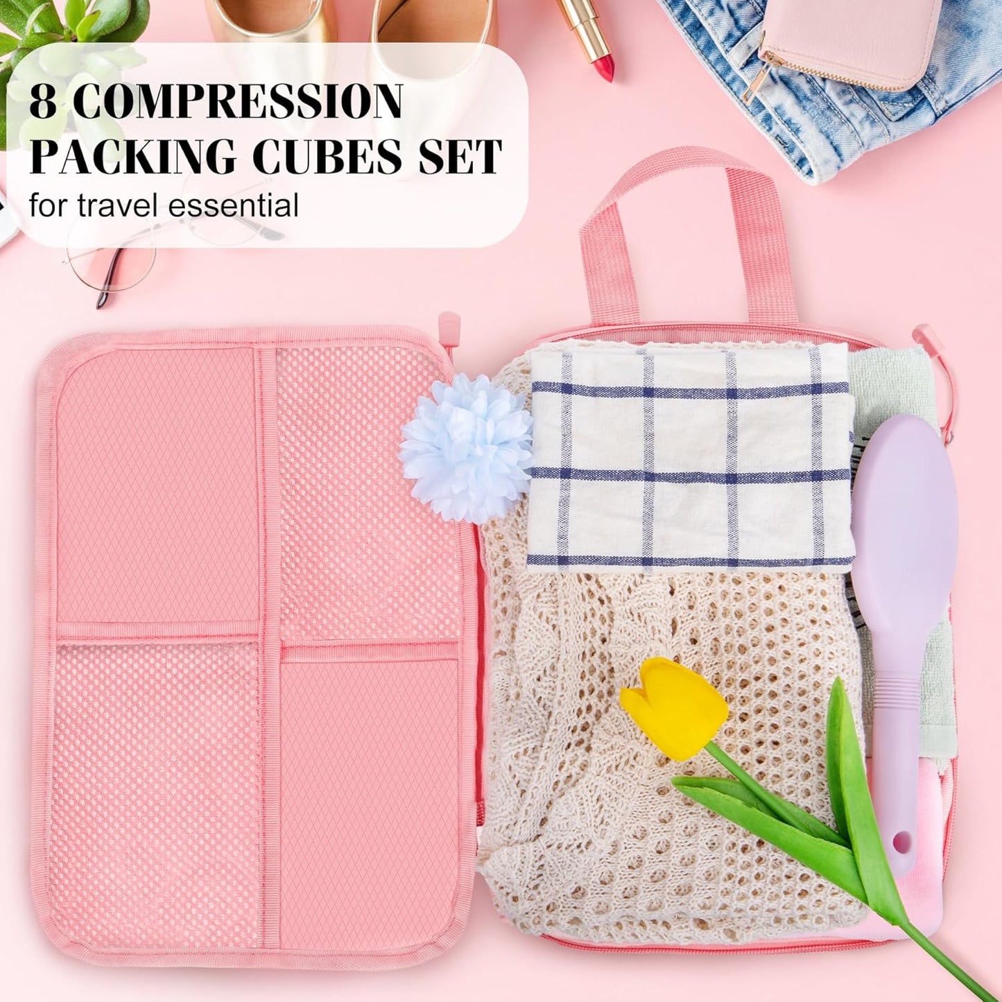 8 Set Compression Packing Cubes Travel, Lightweight Expandable Travel Cubes Suitcase Organizer for Carry On Luggage Suitcase, Pink