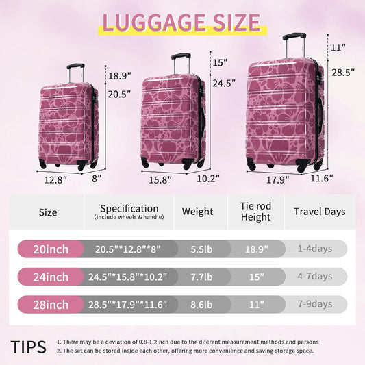 Merax Luggage Sets 3 Piece, Hardside Suitcase Set with Spinner Wheels, Lightweight Printing Luggage Carry on,20+24+28 IN,Purple Pink