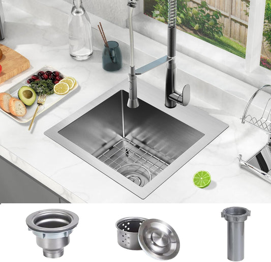 15 x 15 inch Drop in Bar Sink, Small Topmount Kitchen Sink Single Bowl 18 Gauge Stainless Steel Bar Sinks with Basket Strainer Drain