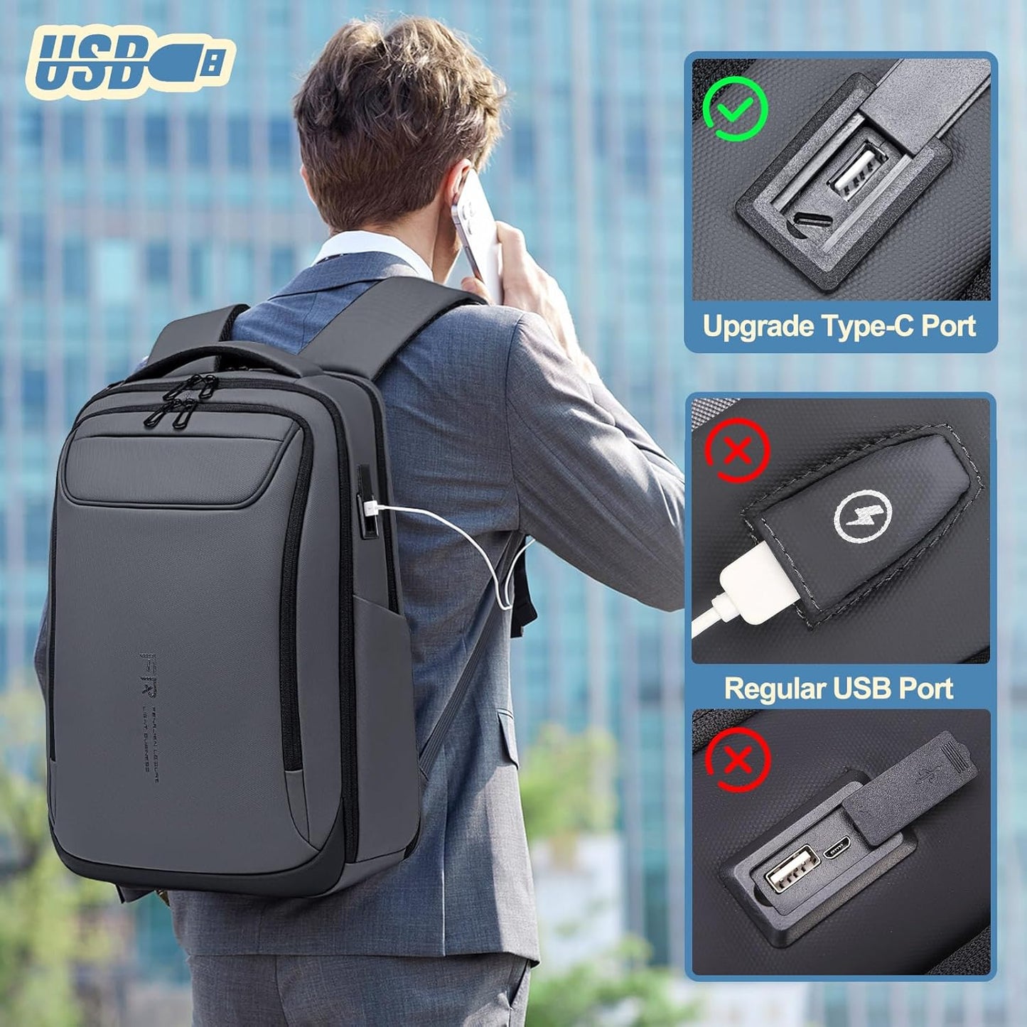 FENRUIEN Work Backpack for Men,Water Resistant Smart Backpack with USB Charging Port,Grey Laptop Bag 15.6 Inch