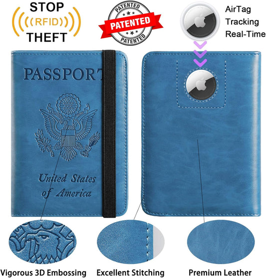 Airtag Passport Holder Cover Wallet Travel Essentials RFID Blocking Leather Card Case International Must Haves Travel Accessories for Women Men(119#Blue)