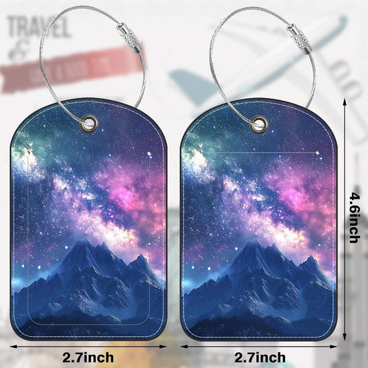 2 Pack PU Luggage Tags for Suitcase, Mountain Under Starry Sky Suitcase Tag Leather ID Label Bag Tags with Privacy Cover and Metal Loop for Men Women Travel Bag