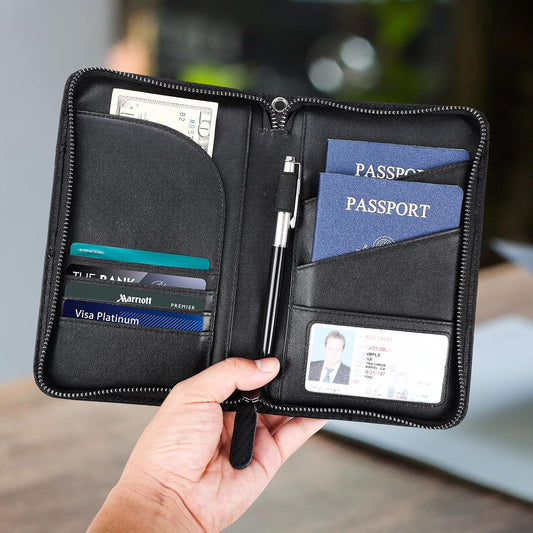 Polare Full Grain Leather Passport Holder With YKK Zipper RFID Blocking Travel Document Organizer Ticket Holder Cover Case Holds 2 Passports (Carbon Black)