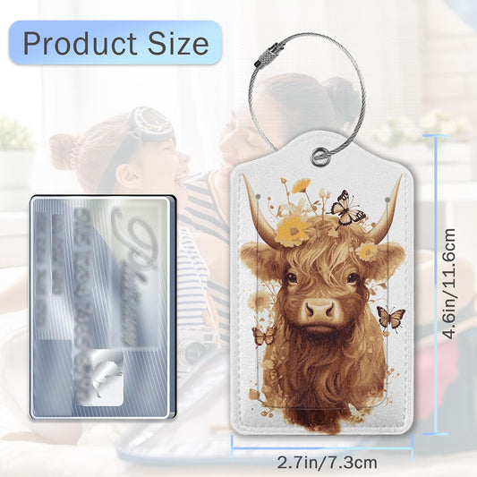 Highland Cow Luggage Tags for Suitcase,Flower Luggage Tags of Set 2 Leather Identifiers Privacy Cover with Stainless Steel Loop for Women Men Travel Bag Suitcase