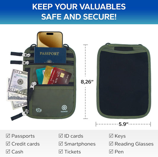 Neck Wallet – Travel Pouch and RFID Blocking Passport Holder for Women and Men, Slim Travel Wallet (Army Green)