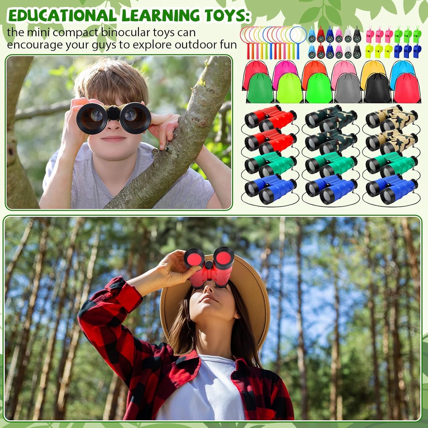 12 Set Binocular Compass Magnifying Glass Set Christmas Birthday Gift Small Telescope Binocular with Whistle Bag for Outdoor Exploring Stocking Stuffer(Fresh Color,Vivid)