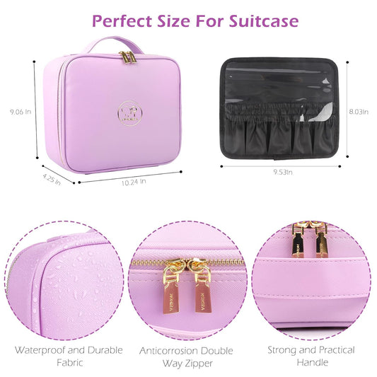 MOMIRA Travel Makeup Bag Cosmetic Bag Makeup Organizer Bag with Lighted Mirror, Adjustable Brightness in 3 Color Scenarios, Waterproof Makeup Train Case, Gift for Women - Purple