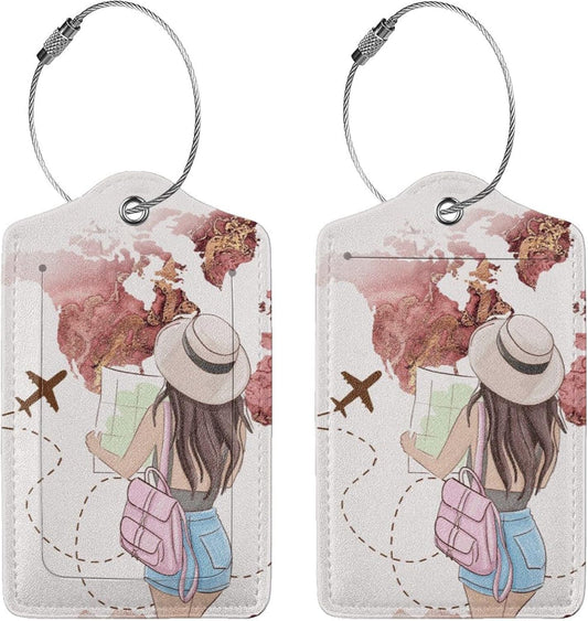 2 Pack Luggage Tags for Suitcase,Travel Girl PU Leather Travel Luggage Tag with Privacy Flap, Name ID Label and Metal Loop for Women Men Suitcase Baggage Bag Backpack