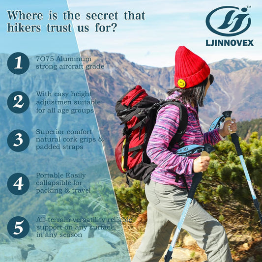 Trekking Poles - Lightweight, Collapsible, Adjustable Hiking Poles with Quick Flip Lock, 7075 Aluminum, Natural Cork Grip, Anti Shock Walking Sticks for All Terrain, Men and Women, 2 Pack