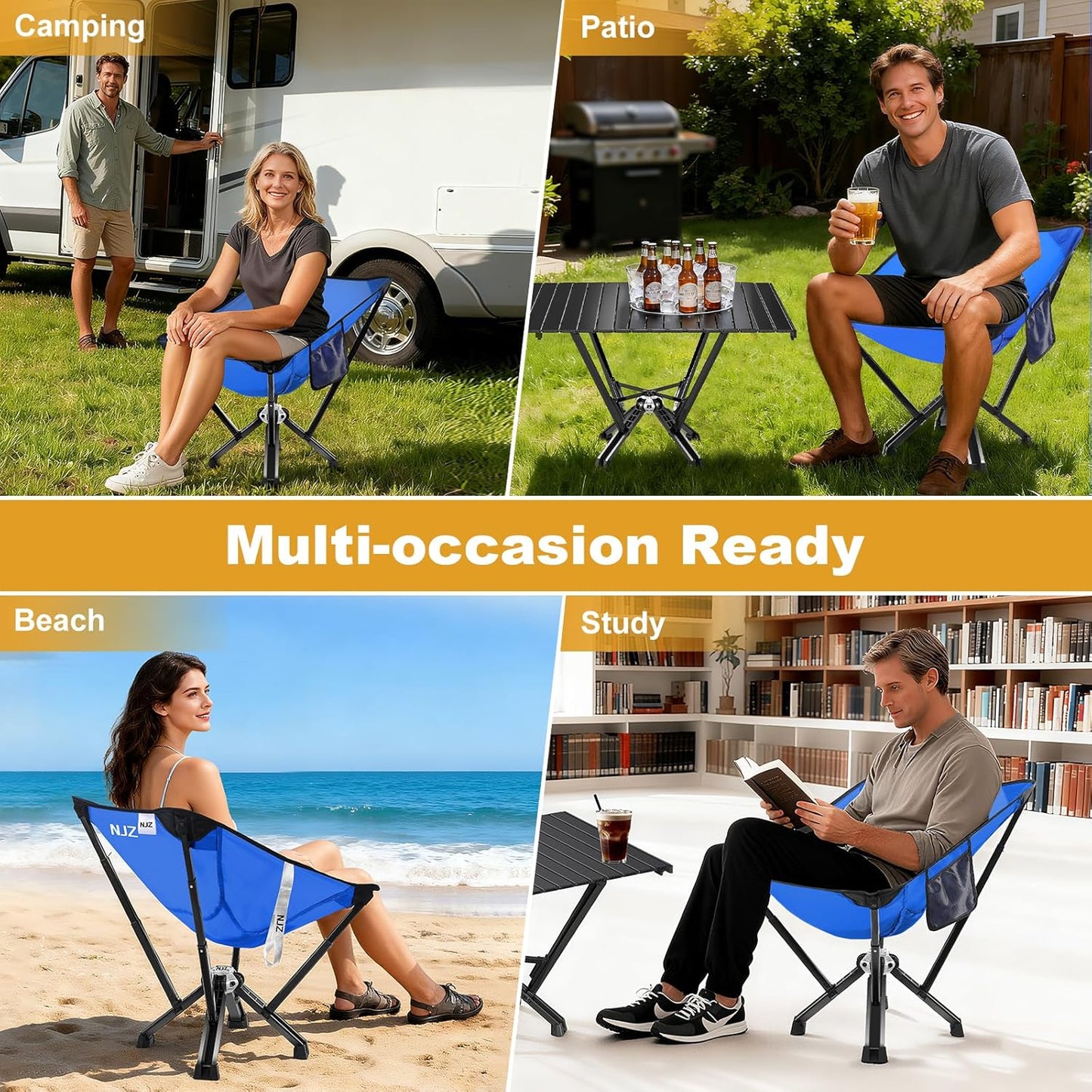 Camping Chairs for Adults - 600 LBS Capacity Rugged Outdoor Folding Chair, Compact Foldable Chair with Quick Setup & Carry Bag - Portable Camping Chair for Picnic, Fishing, Backyard - Blue