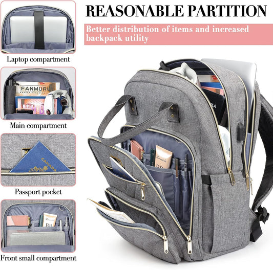 Laptop Backpack for Women Men, School Backpacks for Teens Girls Boys, 17.3 Inch Work Laptop Bag with USB Port Charging, Water Resistant College Bookbags for Girls, Grey