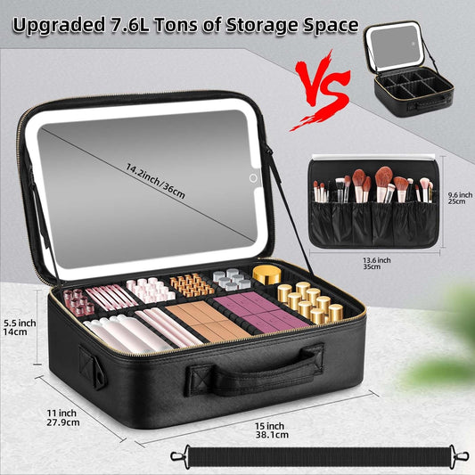 Large Travel Makeup Bag with LED Mirror, 3-Color Stepless Dimming Stand Mirror Detachable, with Adjustable Divider, Makeup Brush Holder Storage (Black)
