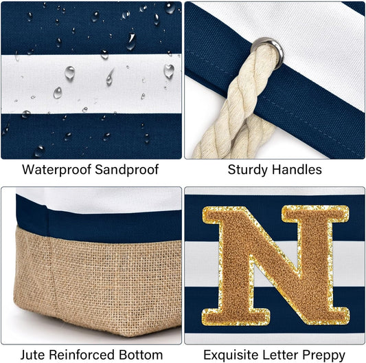 Becokan Beach Bag Initial Beach Tote with Makeup Bag for Travel Work Storage Personalized Birthday Gifts for Women Her