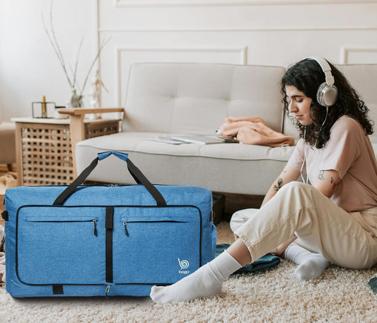 Bago Large Foldable Duffel Bags for Traveling Women & Men - 100L Packable Duffle Bag for Travel with Shoe Compartment - Water Repellant, Heavy Duty, Lightweight Folding & Collapsible (SnowBlue)