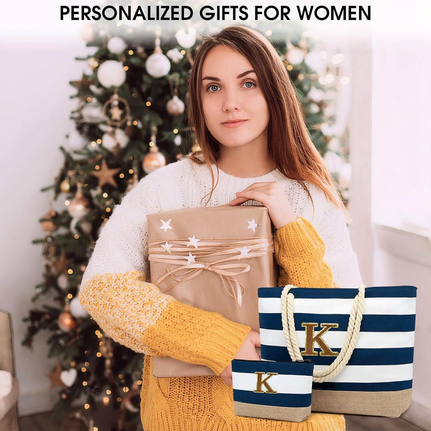 Becokan Beach Bag Initial Beach Tote with Makeup Bag for Travel Work Storage Personalized Birthday Gifts for Women Her