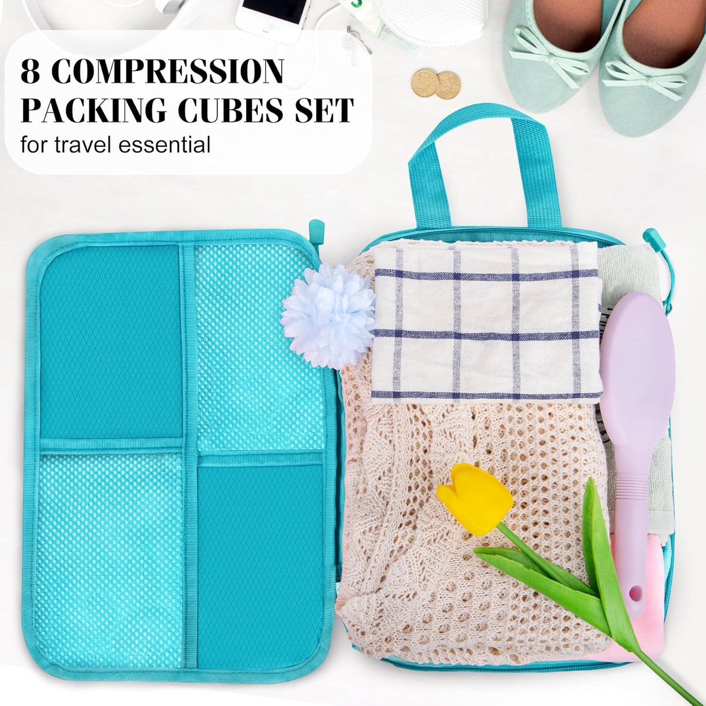 8 Set Compression Packing Cubes Travel, Lightweight Expandable Travel Cubes Suitcase Organizer for Carry On Luggage Suitcase, Turquoise