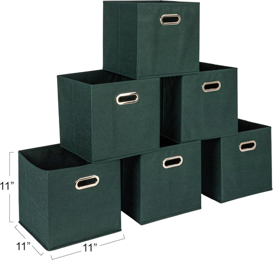 Household Essentials Fabric Storage Cube Bins, 6 Piece Set, Strong Poly-Woven Fabric, Chipboard Sides, Grommet Front Handle, Stackable and Foldable, Classic Design, Dark Green