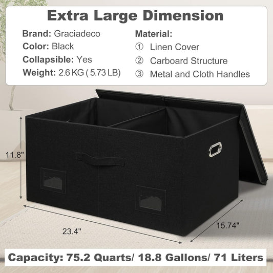 75 Quarts Extra Large Decorative Storage Bins with Lids, 3 Packs Black Collapsible Storage Bins with Lids, Stackable Storage Bins Decorative Box Storage With Lid Extra Large
