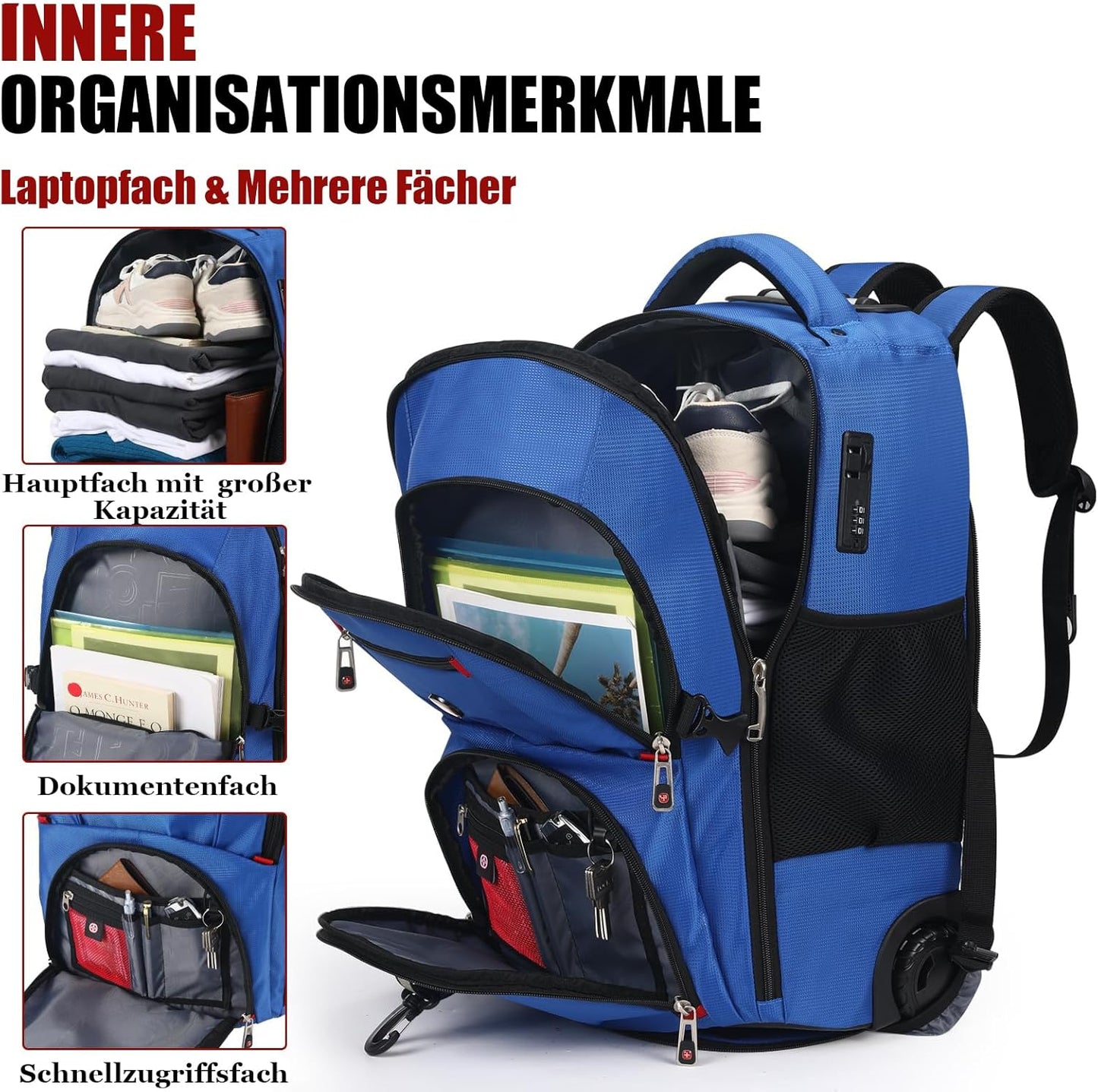 star cloud 21x14x9 Rolling Backpack with Wheels - Water-Resistant, 17.3" Laptop Compartment, Ideal Carry-On for Overnight Travel, College, Work - Wheeled Business Backpack for Adults (Blue)