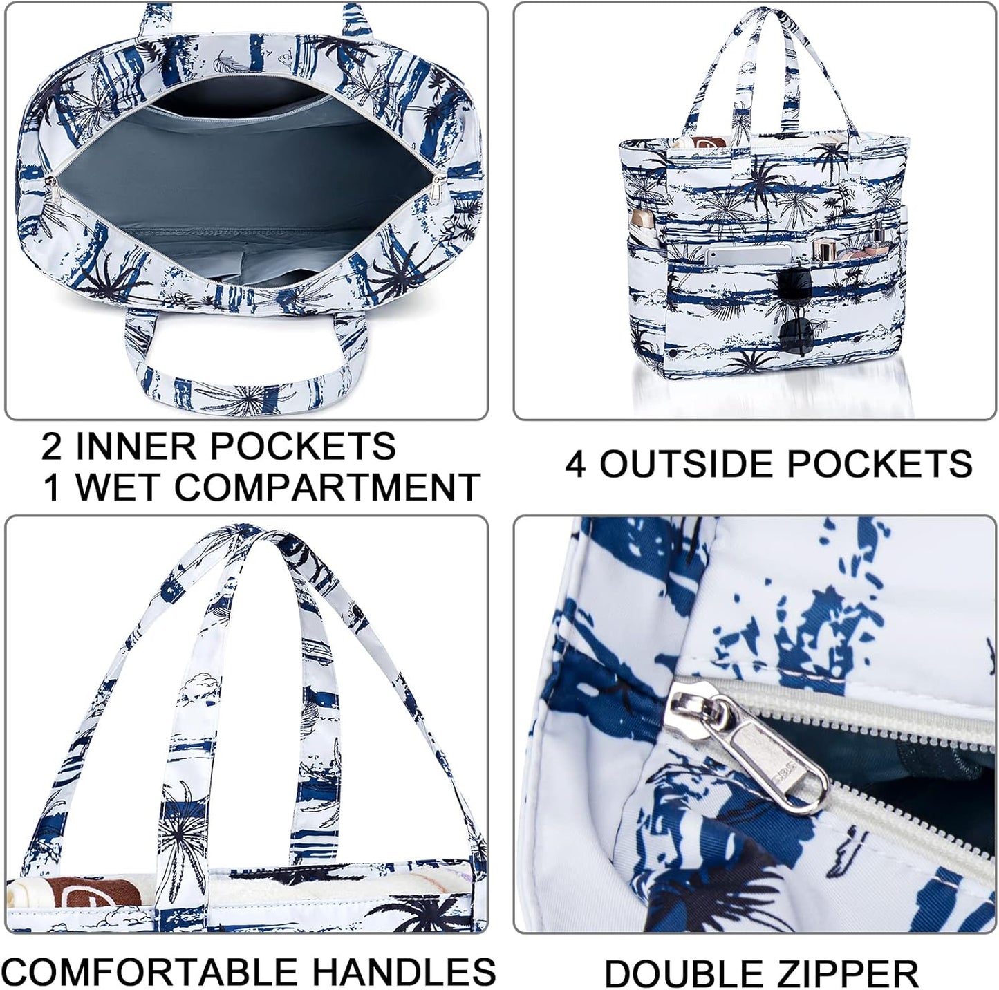 LEDAOU Large Beach Tote Bag Women Waterproof Sandproof Zipper Beach Tote Bag for Pool Gym Grocery Travel with Wet Pocket